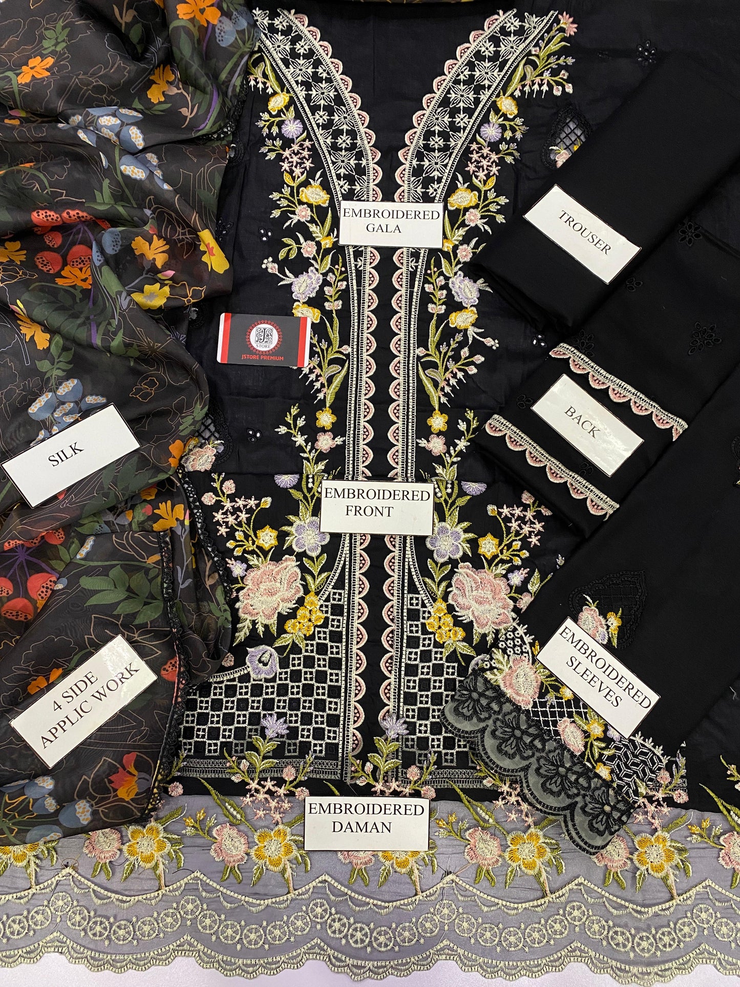 MAHNOOR MIDNIGHT BLOOM | CHIKENKARI SILK DUPATTA |3PC UNSTICHED