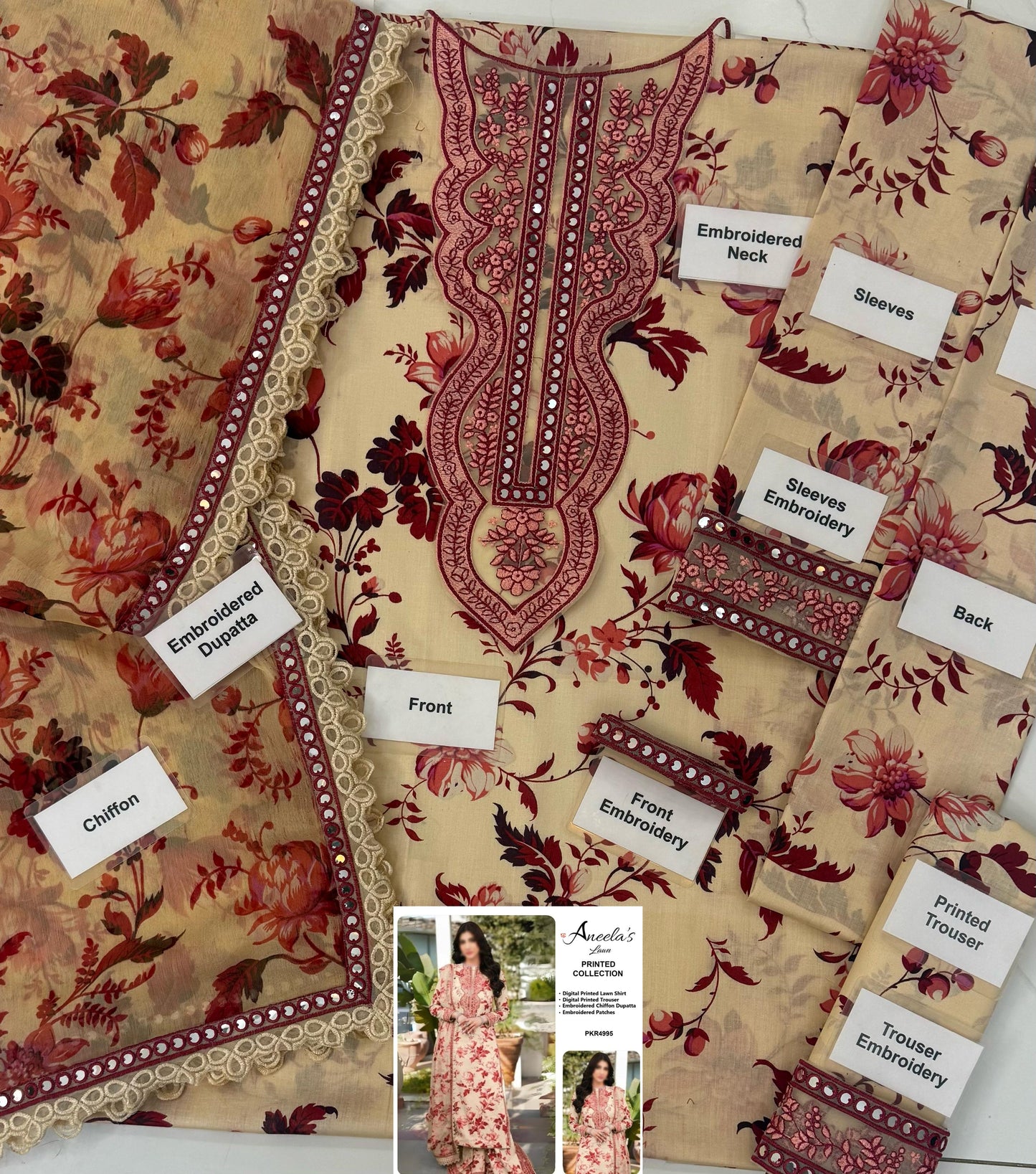 Aneelas Skin Lawn 9MM WITH Chiffon DUPATTA |3PEC UNSTICHED