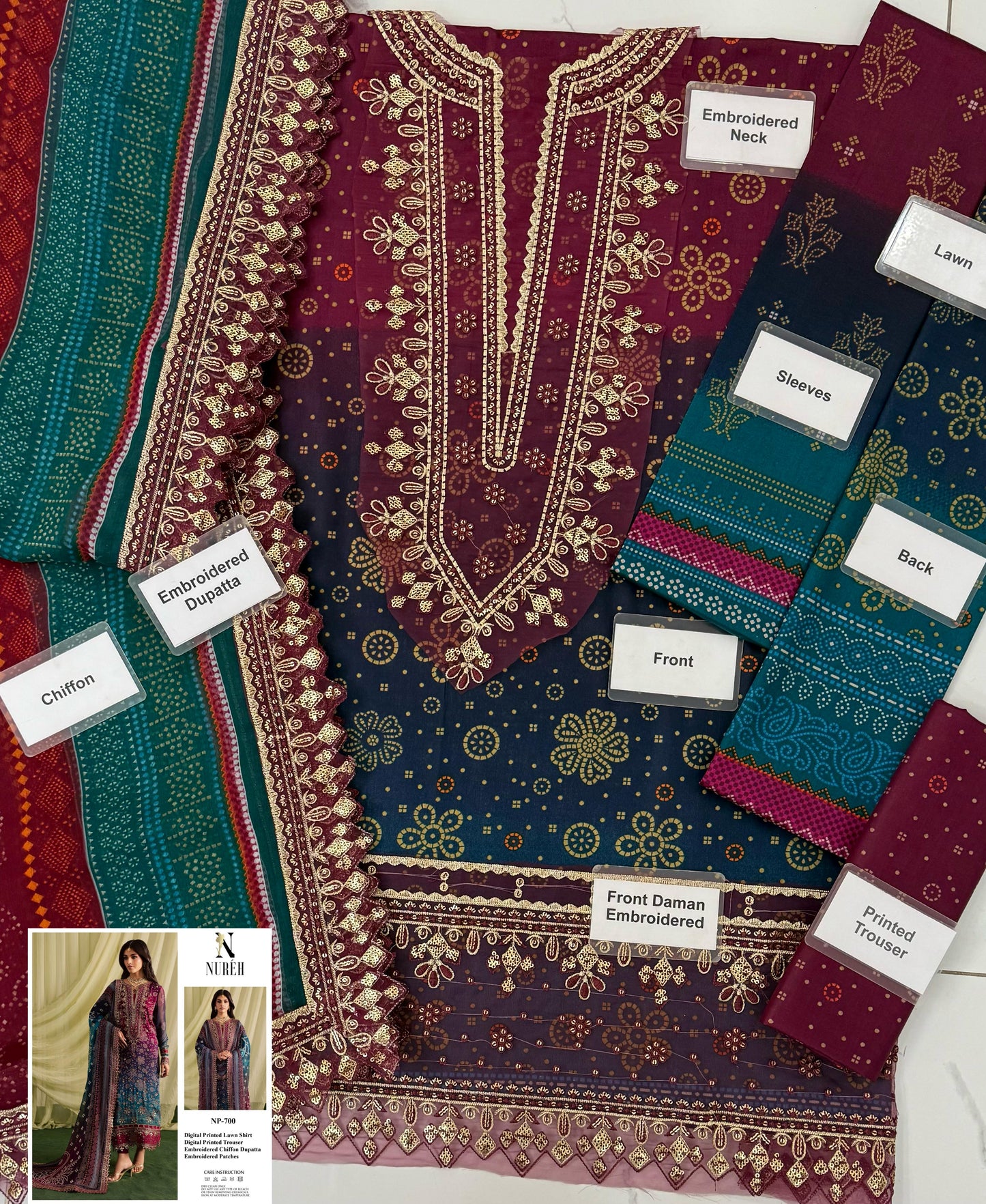 NUREH CHUNRI TIE N DYE WITH CHIFFON DUPATTA |3PEC UNSTICHED