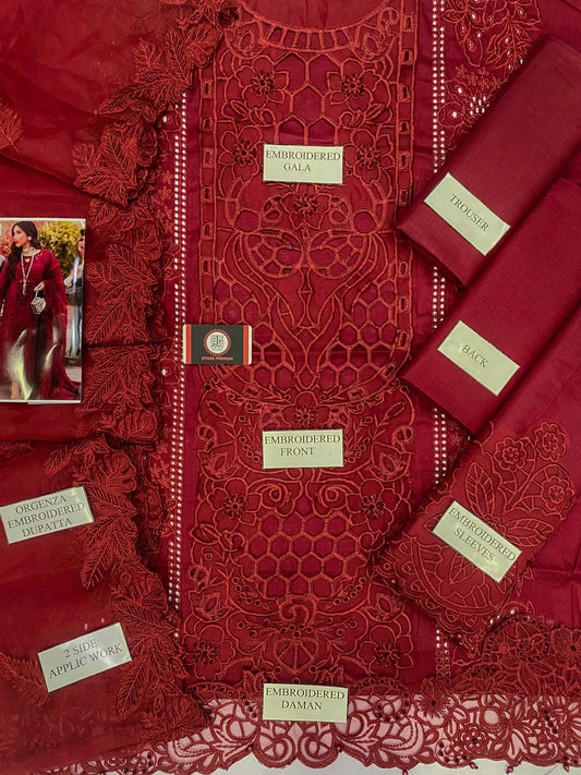 BIN ILYAS| RUBY ROYAL CHIKENKARI WITH ORGENZA EMBROIDED DUPATTA |3PEC UNsTICHED