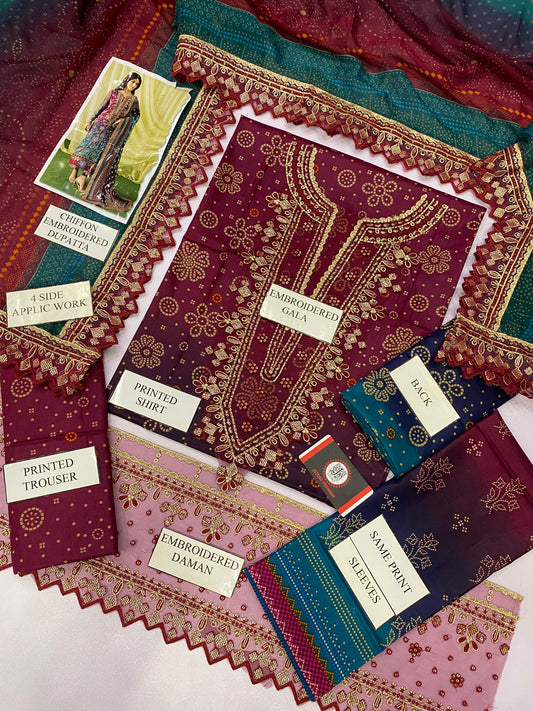 NOOR E TEHZEEB | CHUNRI LAWN WITH CHIFFON DUPATTA |3PC UNSTICHED