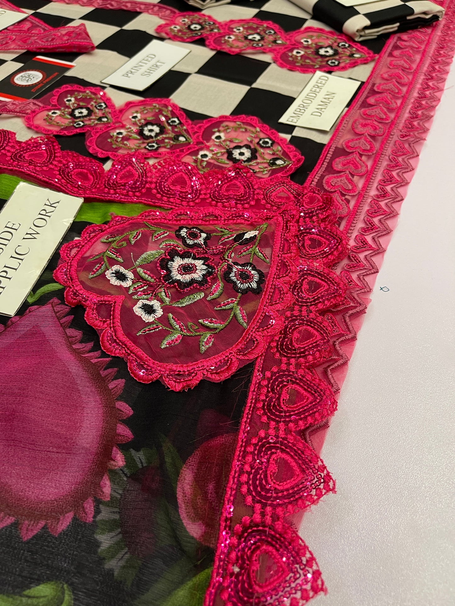 MARIAB PINK HEART |PRINTED LAWN WITH CHIFFON DUPATTA |3PC UNSTICHED