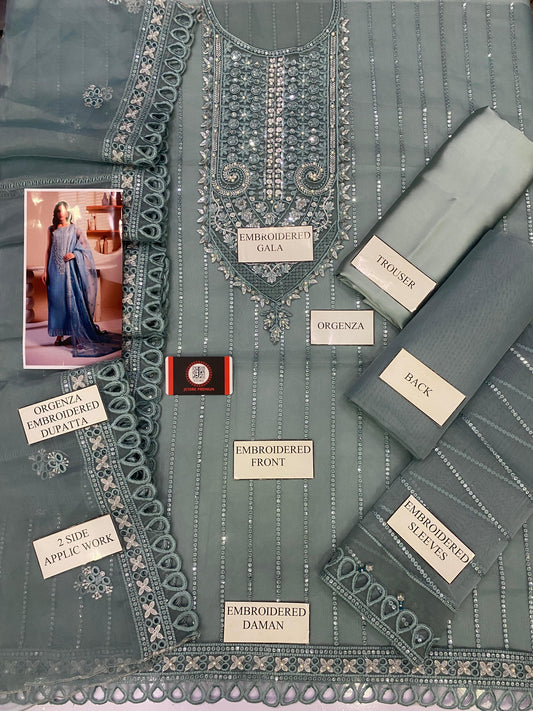 MARYAMS SMOKE GREEN FESTIVE |ORGENZA |3PC UNSTICHED