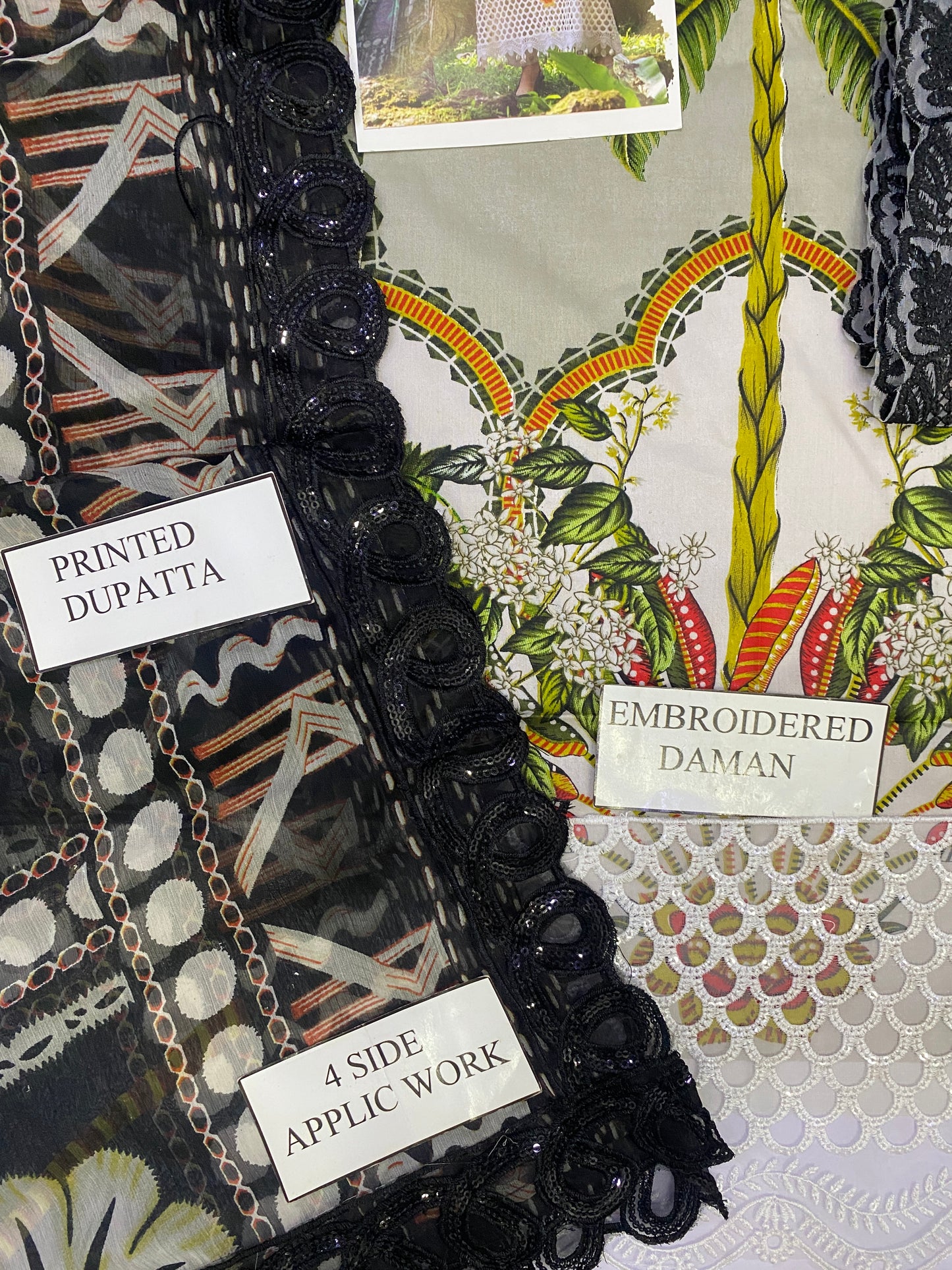 MARIAB BLACK TULIP |PRINTED LAWN WITH CHIFFON BORDER DUPATTA |3PC UNSTICHED