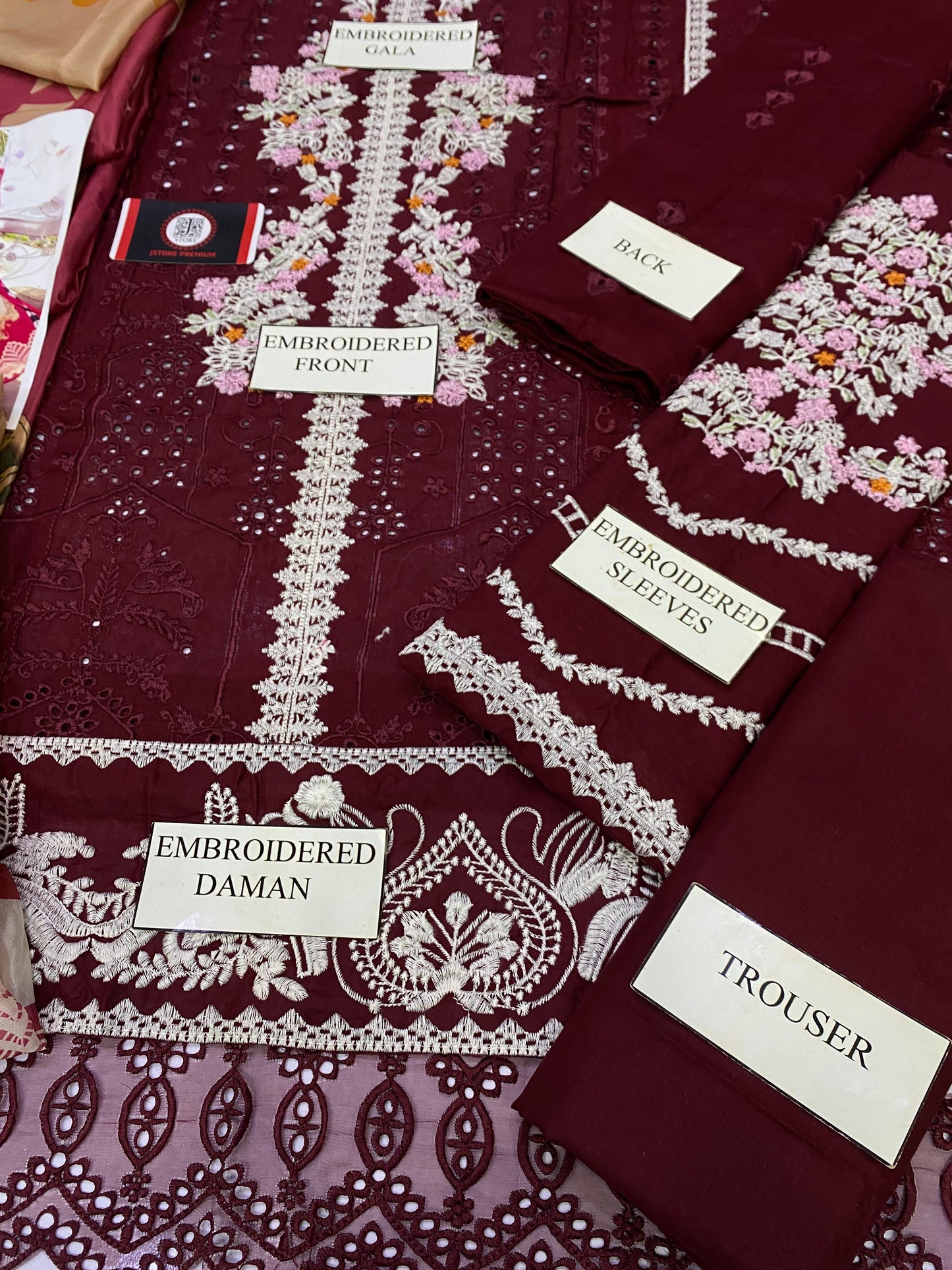 ELAF ROYAL MEHROON CHIKENKARI |3PC UNSTICHED