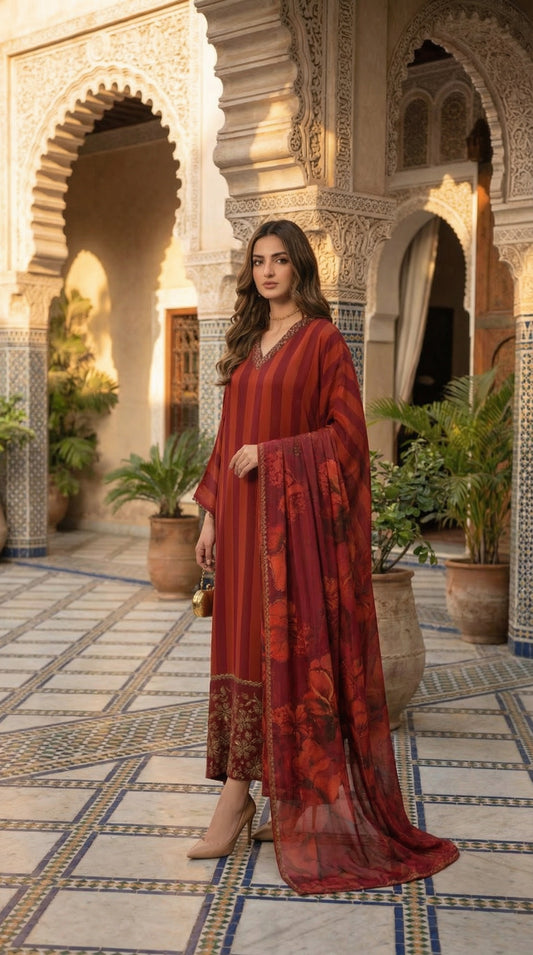 LULUSAR |IMPERIAL RUBY SHAMOOS SILK |3Pec unstiched