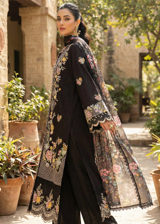 MAHNOOR MIDNIGHT BLOOM | CHIKENKARI SILK DUPATTA |3PC UNSTICHED