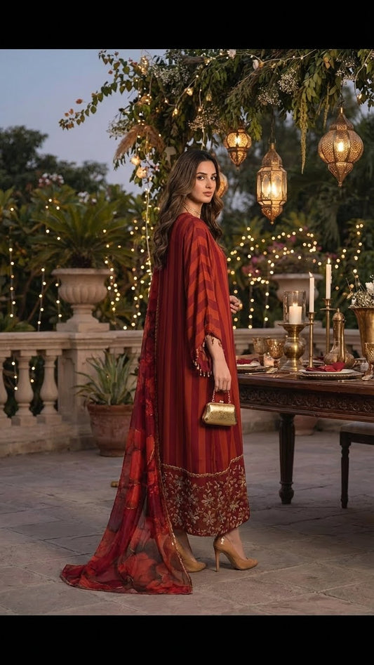 LULUSAR |IMPERIAL RUBY SHAMOOS SILK |3Pec unstiched