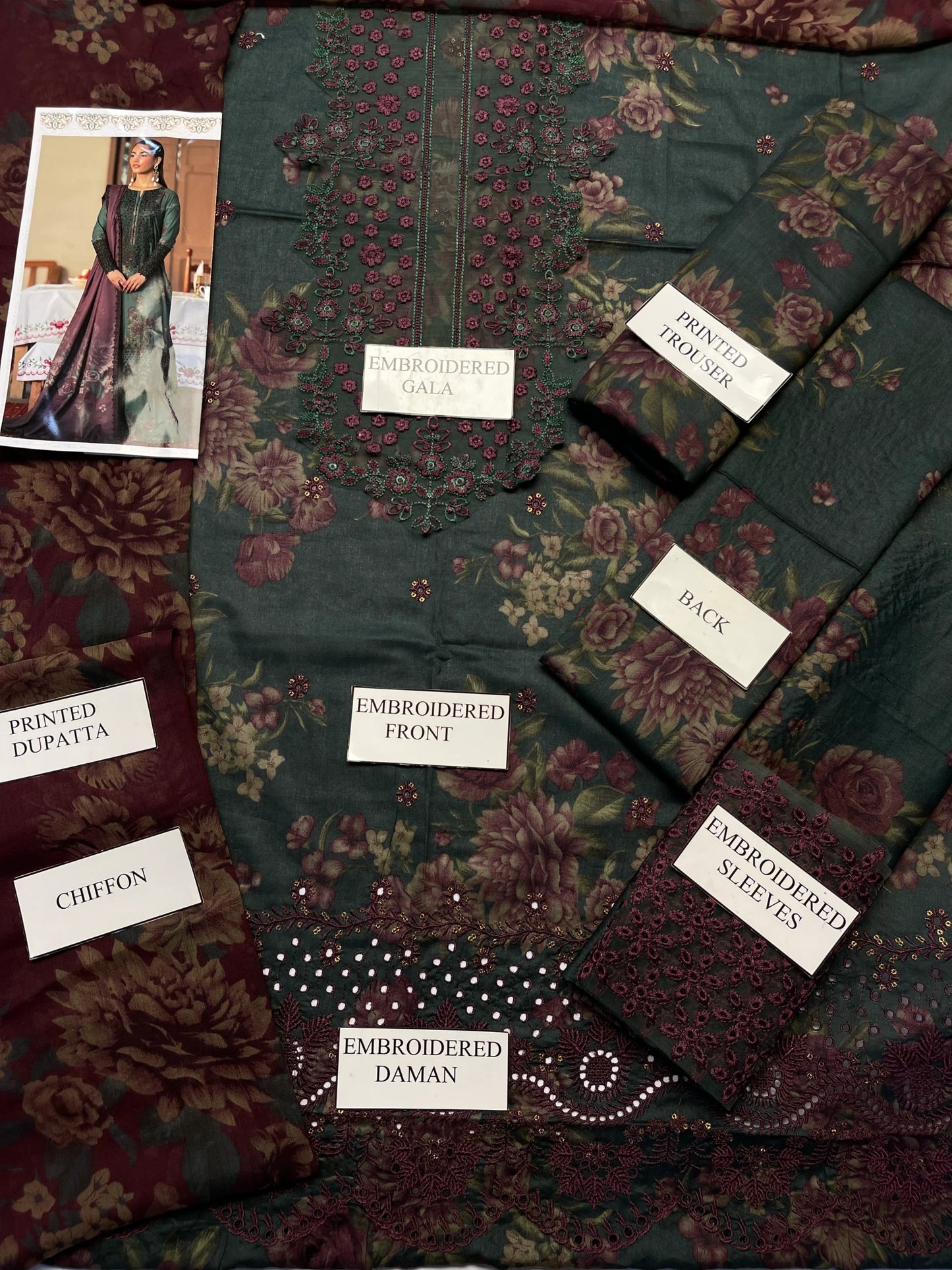 IZNIK | GreenSchiffli Embrpoided Lawn With Chiffon Duptta| 3pc Unstiched