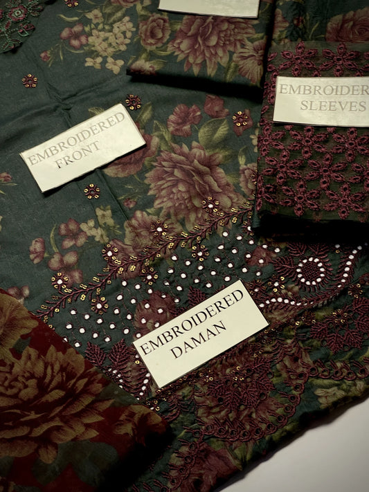 IZNIK | GreenSchiffli Embrpoided Lawn With Chiffon Duptta| 3pc Unstiched