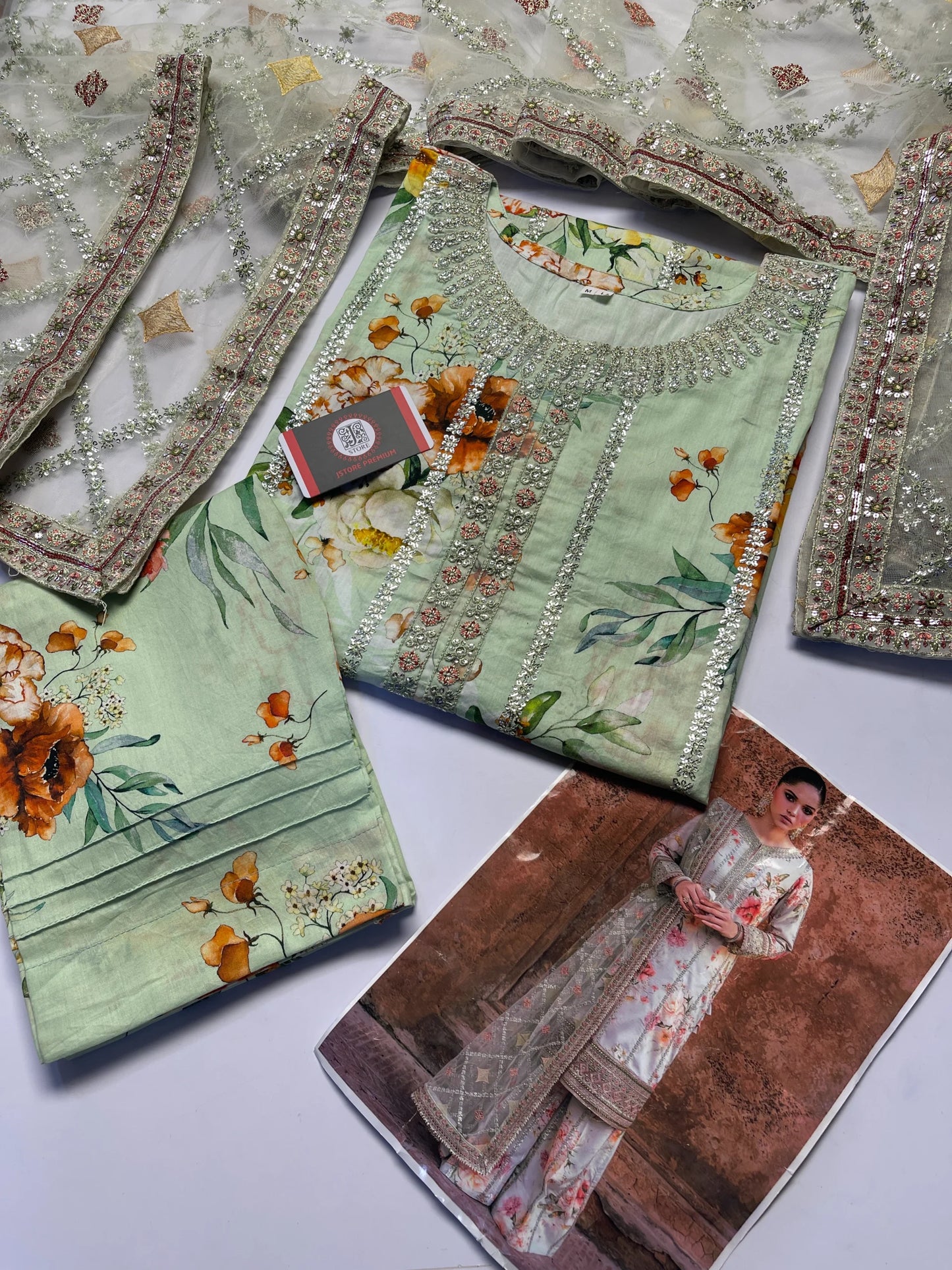 Jazmine | Mint Garden With Net Embroided Dupatta | 3pec Unstiched