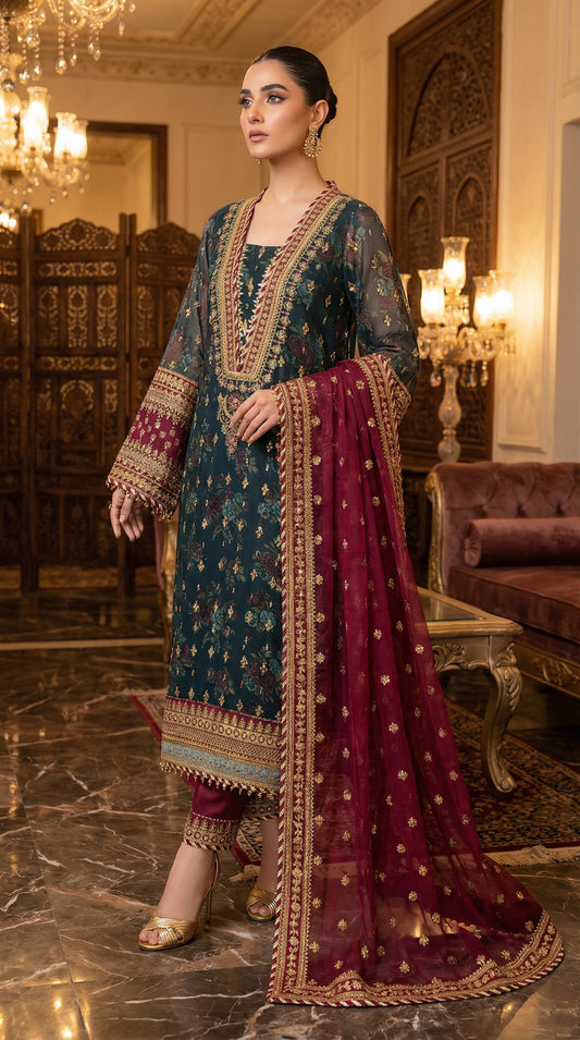 Barooq | Chiffon Emroided Dress | 3pec Unstiched