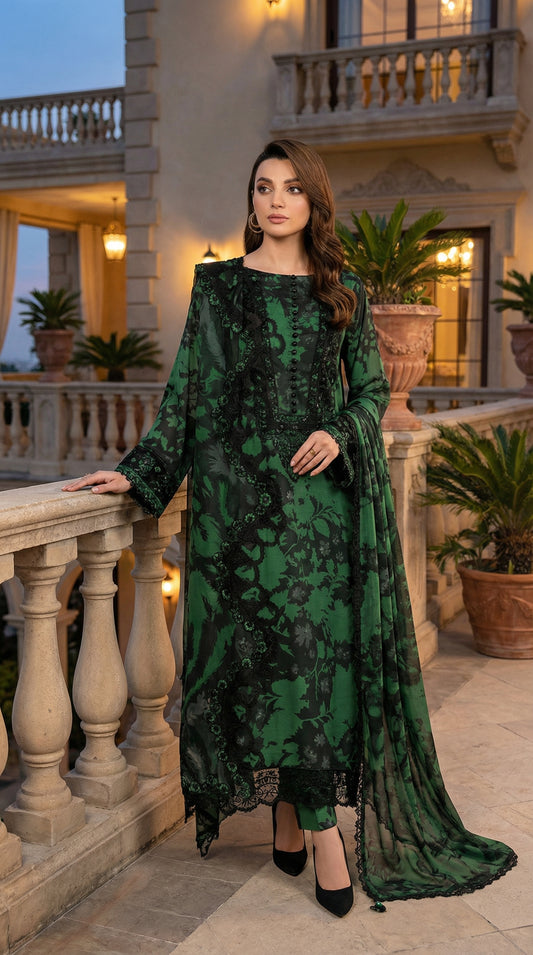 RAMSHA LAWN WITH CHIFFON EMBROIDERD DUPATTA |3PIECE UNSTICHED