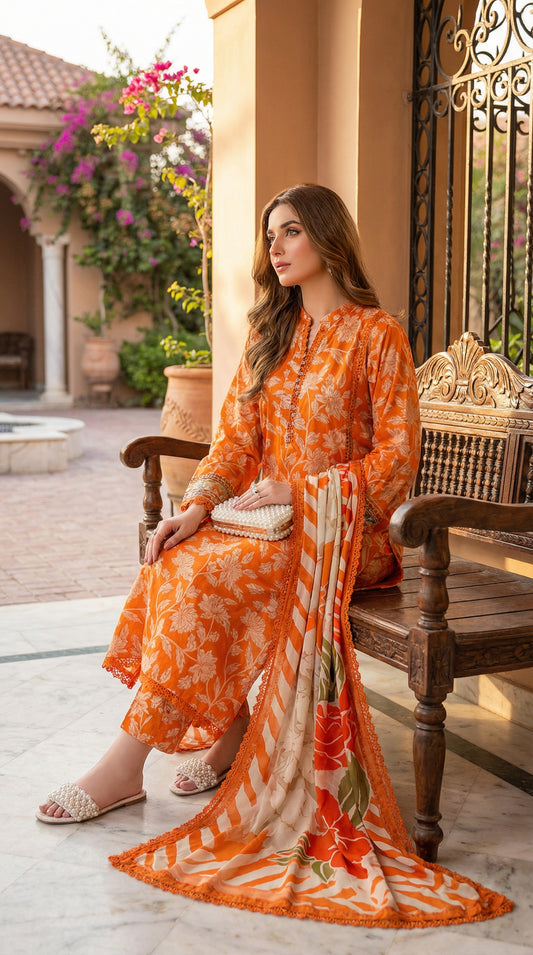 ANEELA LAWN WITH CHIFFON DUPATTA |3PEC UNsTICHED