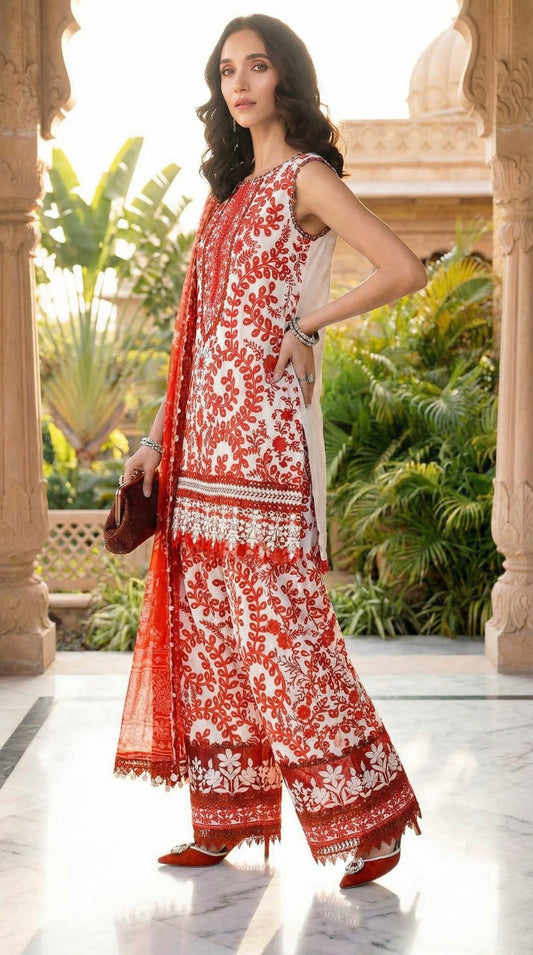 MARIAB RED WHITE WITH CHIFFON DUPATTA |3 PIECE UNSTICHED