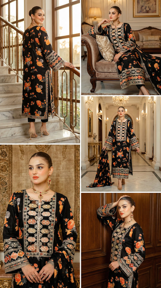 Aneela’s Luxury Silk Dress | 3pc Unstitched (Black)