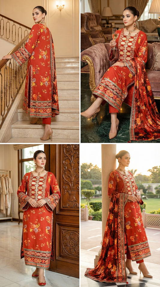 Aneela’s Luxury Silk Dress | 3pc Unstitched (Orange)