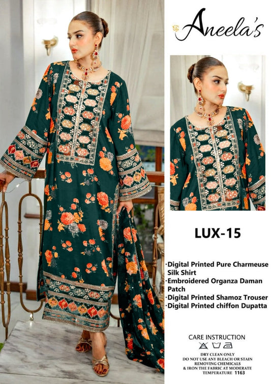 Aneela’s Luxury Silk Dress | 3pc Unstitched (Green)