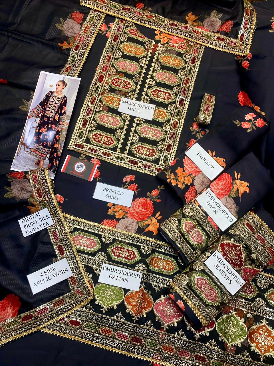 Aneela’s Luxury Silk Dress | 3pc Unstitched (Black)