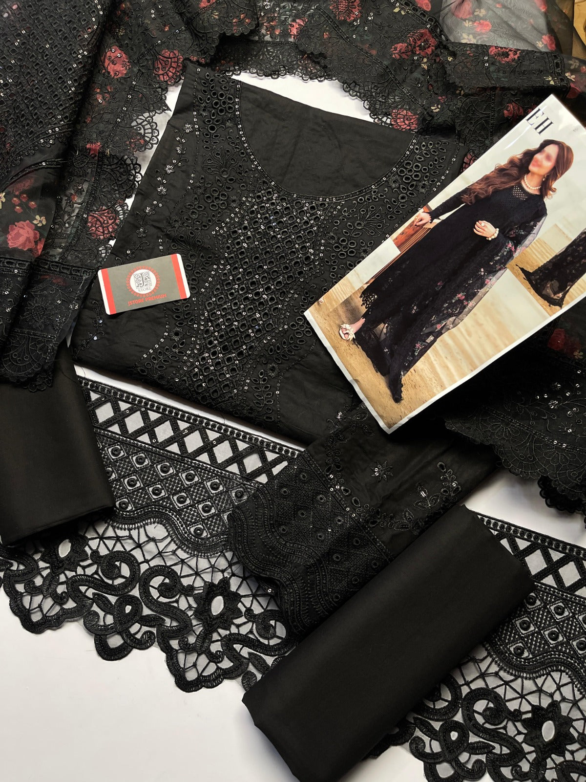 NUREH EXCLUSIVE CHIKENKARI DRESS (3PIECE-UNSTICHED)