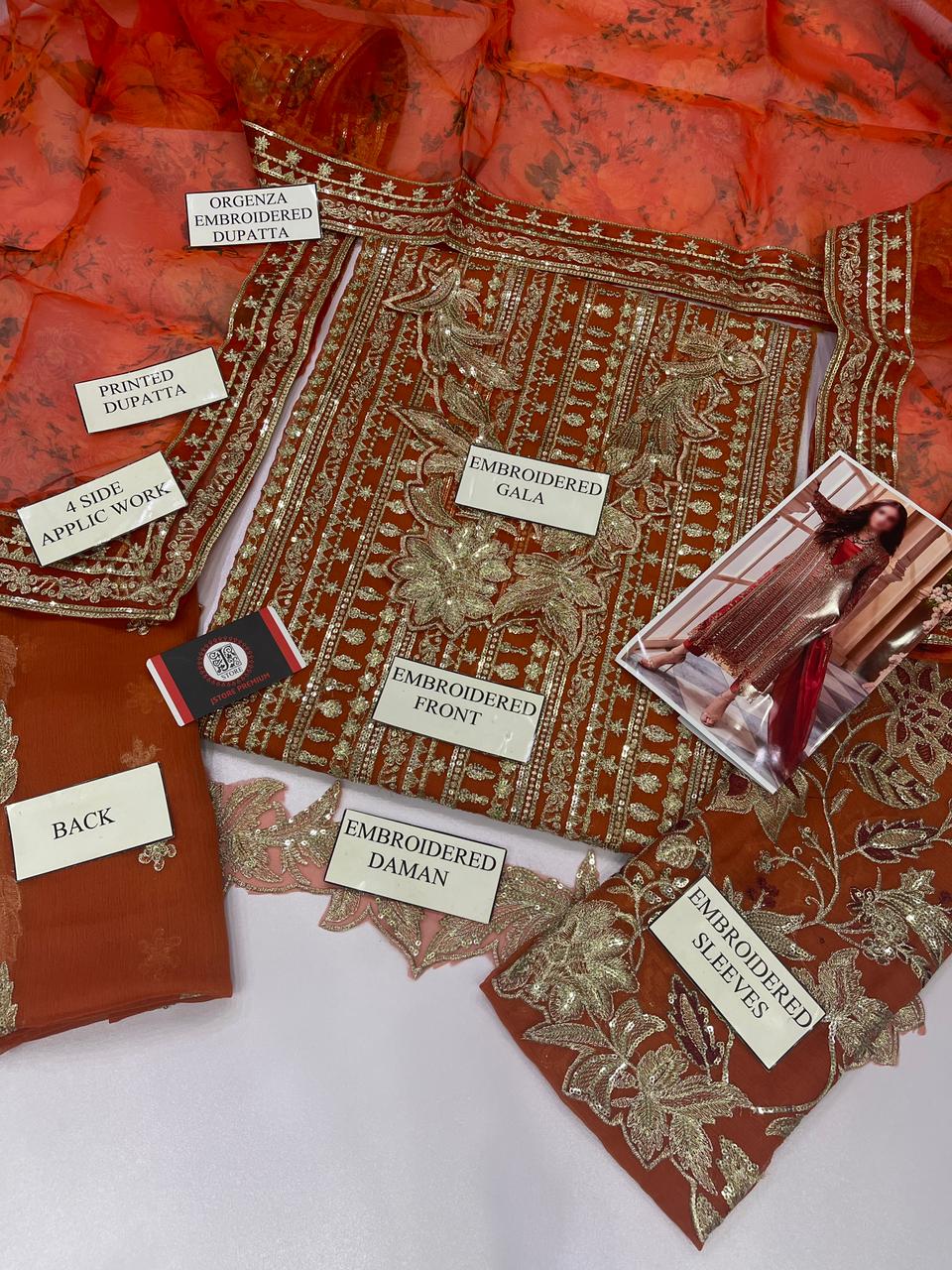 CHARIZMA IMPERIAL ORANGE CHIFFON WITH HEAVY EMBROIDED DUPPTA