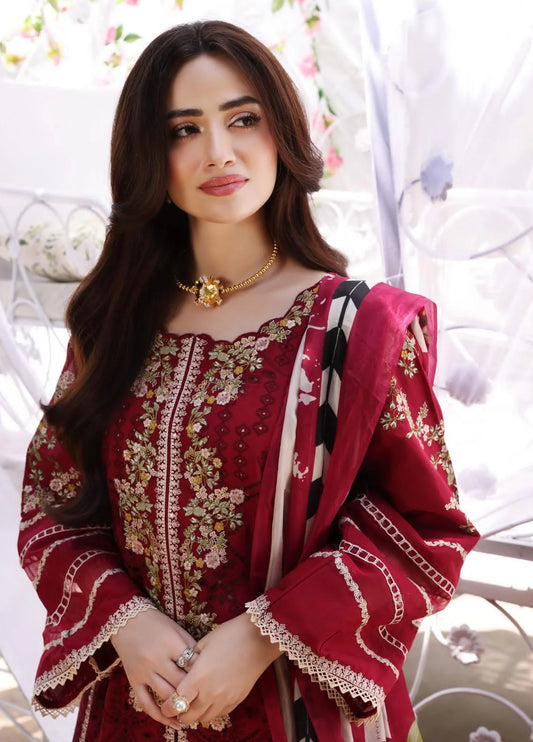 ELAF ROYAL MEHROON CHIKENKARI |3PC UNSTICHED