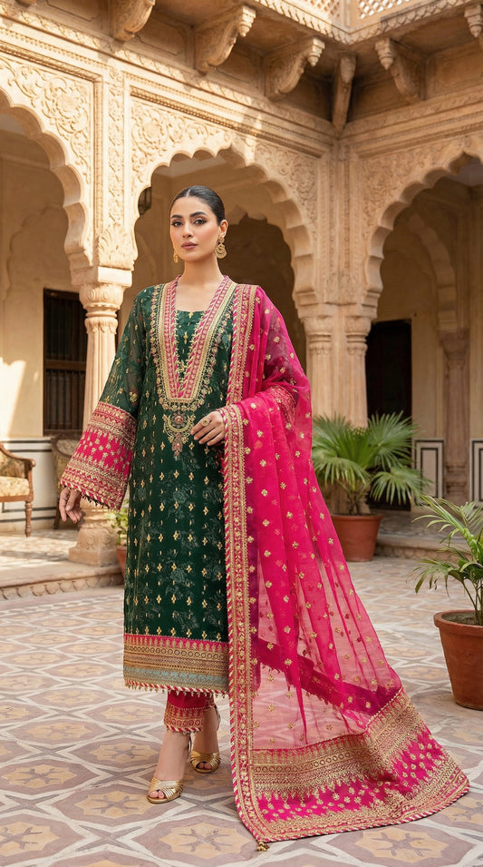 Barooq | Green Chiffon Emroided Dress