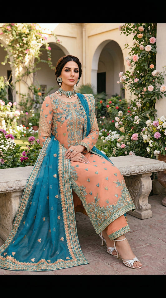 Akber Aslam | Peache Majesty Orgenza Dress 3pec Unstiched