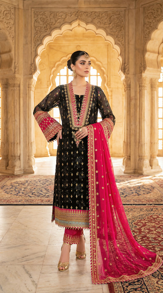 Barooq | Zarmin Black Chiffon Emroided Dress