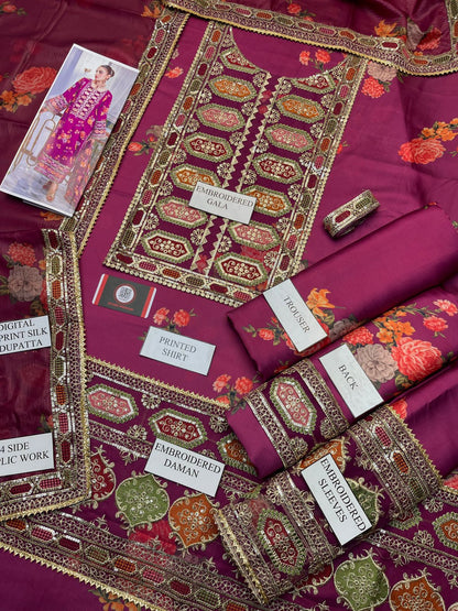 ANEELAS LUXURY SILK DRESS | 3Pec unstiched (PINK)