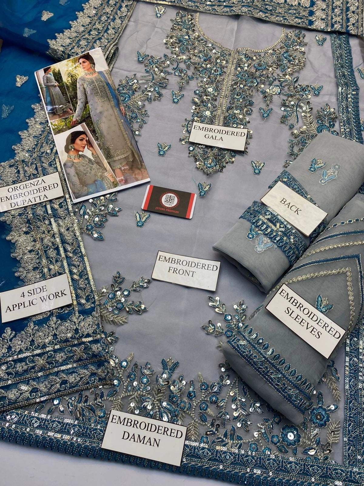 Akber Aslam | Grey Orgenza Emroided | 3pec Unstiched