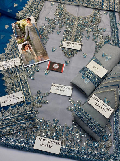 Akber Aslam | Grey Orgenza Emroided | 3pec Unstiched