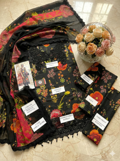 Maria B | Black With Flower Embroided Lawn | Chiffon Dupatta | 3pec Unstiched