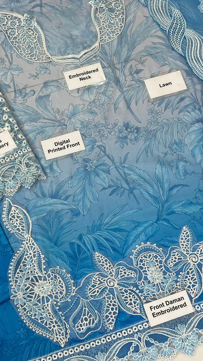 MUSHQ BLUE LAWN WITH ORGENZA  DUPATTA |3PEC UNSTICHED