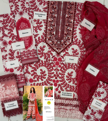 MARIAB RED WHITE WITH CHIFFON DUPATTA  |3 PIECE UNSTICHED