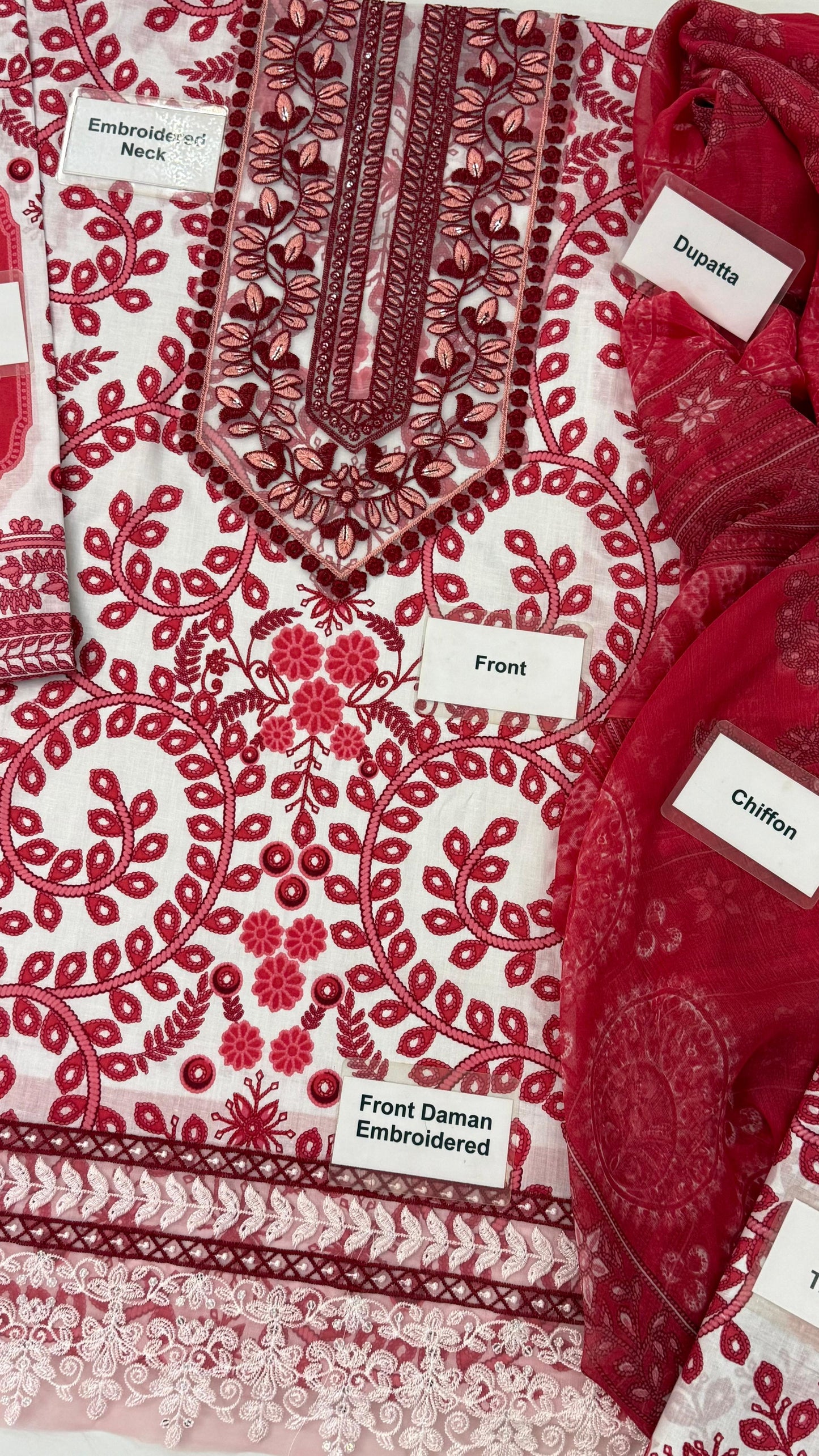 MARIAB RED WHITE WITH CHIFFON DUPATTA  |3 PIECE UNSTICHED