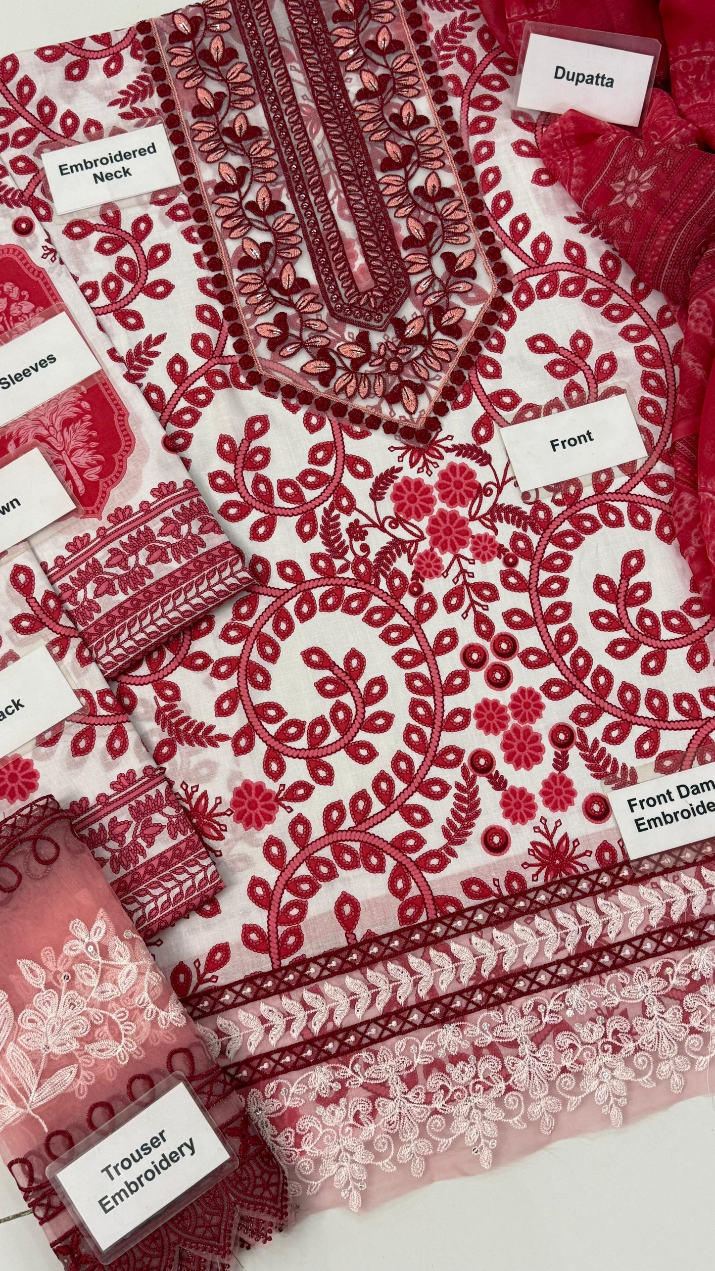 MARIAB RED WHITE WITH CHIFFON DUPATTA  |3 PIECE UNSTICHED