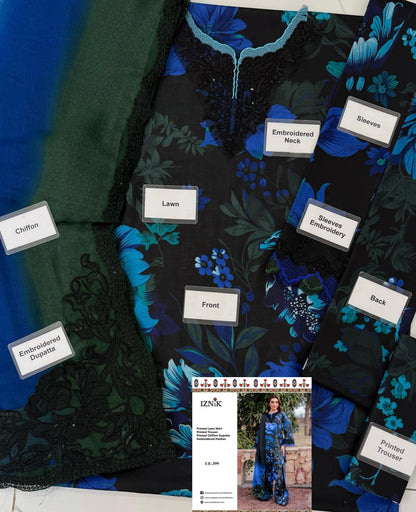 IZNIK BLACK BLUE WITH CHIFFON DUPATTA  |3 PIECE UNSTICHED