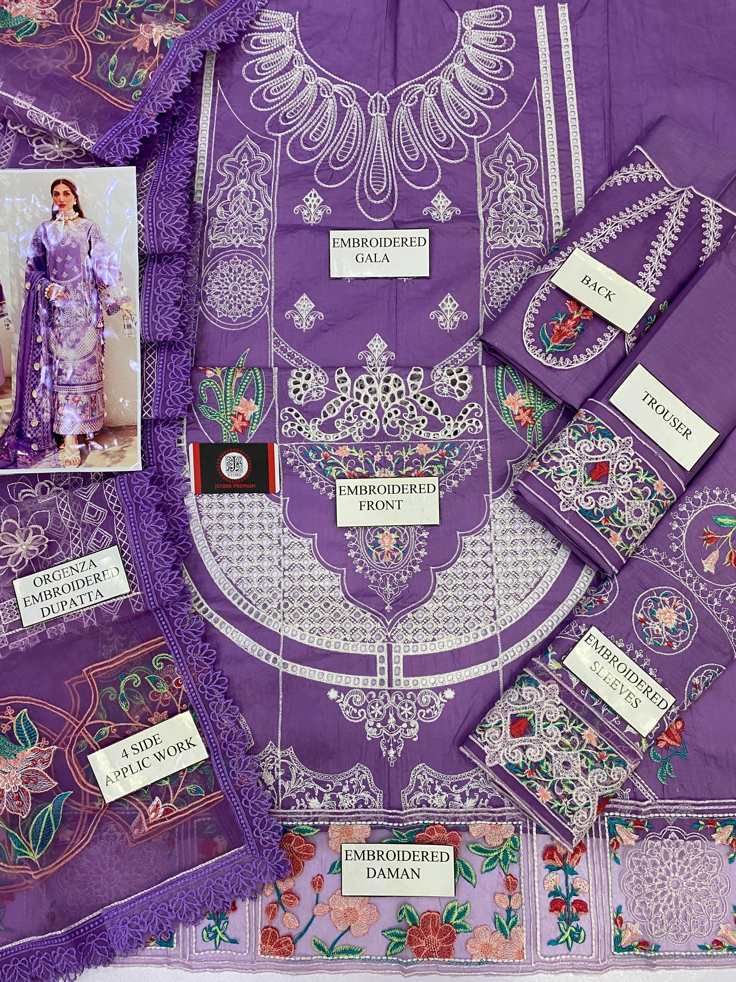 BIN ILYAS| PURPLE CHIKENKARI WITH ORGENZA  DUPATTA  |3PC UNSTICHED