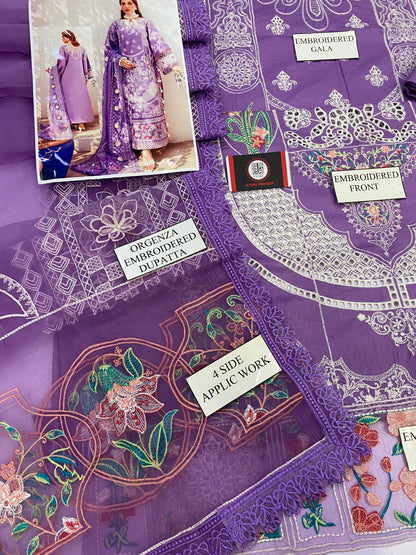 BIN ILYAS| PURPLE CHIKENKARI WITH ORGENZA  DUPATTA  |3PC UNSTICHED