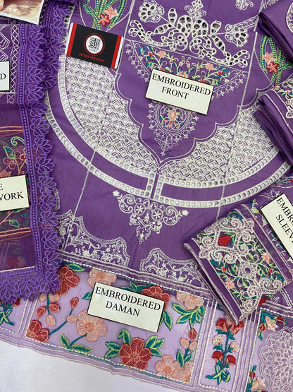 BIN ILYAS| PURPLE CHIKENKARI WITH ORGENZA  DUPATTA  |3PC UNSTICHED