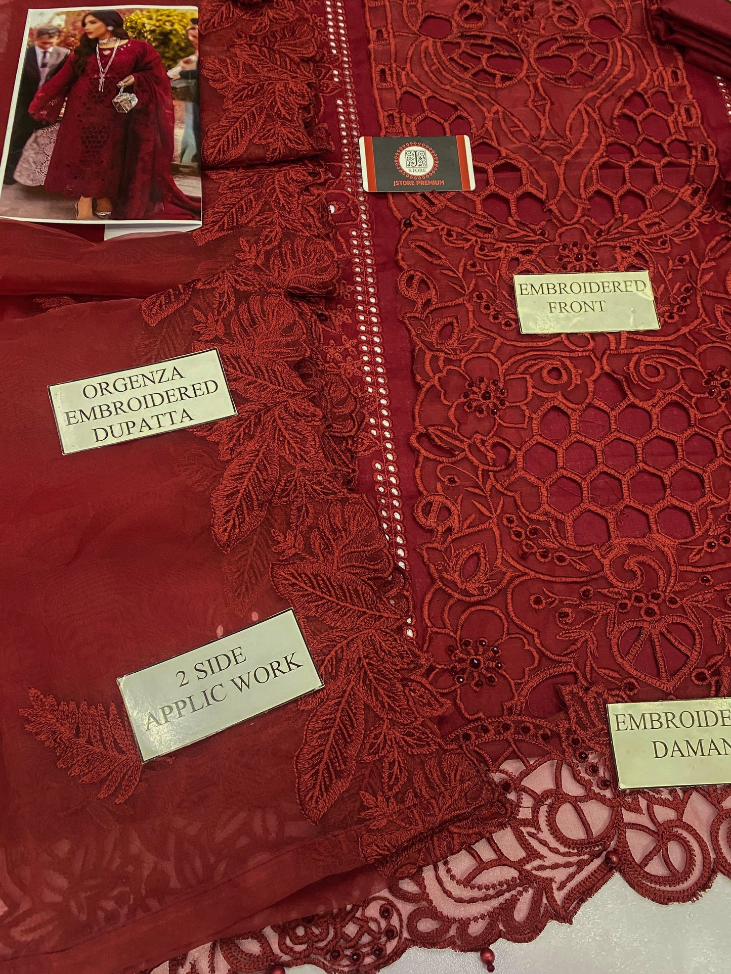 BIN ILYAS| RUBY ROYAL CHIKENKARI WITH ORGENZA EMBROIDED DUPATTA  |3PEC UNsTICHED