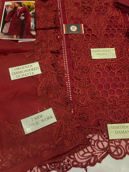 BIN ILYAS| RUBY ROYAL CHIKENKARI WITH ORGENZA EMBROIDED DUPATTA  |3PEC UNsTICHED