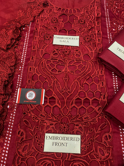 BIN ILYAS| RUBY ROYAL CHIKENKARI WITH ORGENZA EMBROIDED DUPATTA  |3PEC UNsTICHED