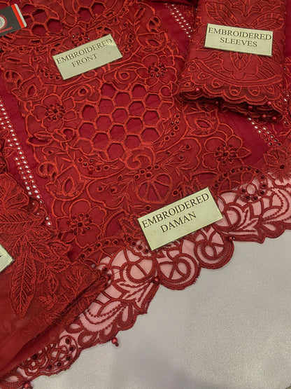 BIN ILYAS| RUBY ROYAL CHIKENKARI WITH ORGENZA EMBROIDED DUPATTA  |3PEC UNsTICHED