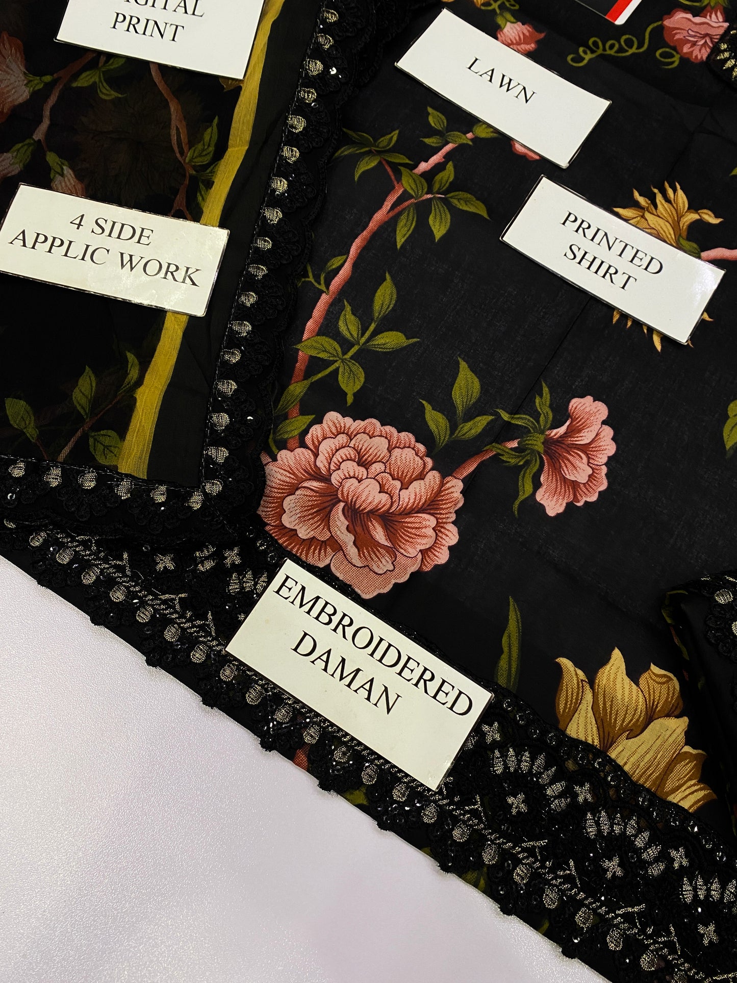 NUREH BLACK ROYAL | LAWN  WITH CHIFFON DUPATTA  |3PC UNSTICHED