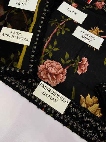 NUREH BLACK ROYAL | LAWN  WITH CHIFFON DUPATTA  |3PC UNSTICHED