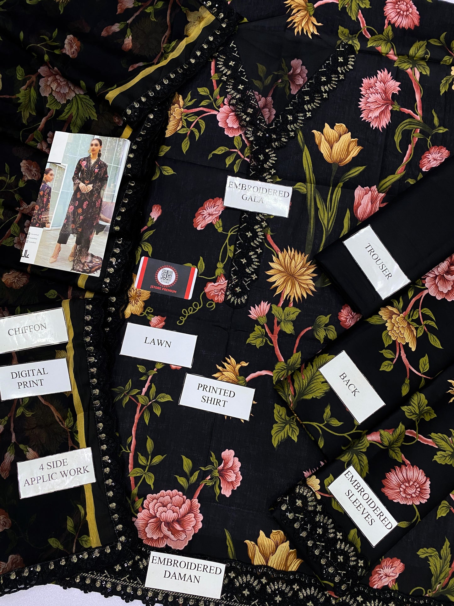 NUREH BLACK ROYAL | LAWN  WITH CHIFFON DUPATTA  |3PC UNSTICHED