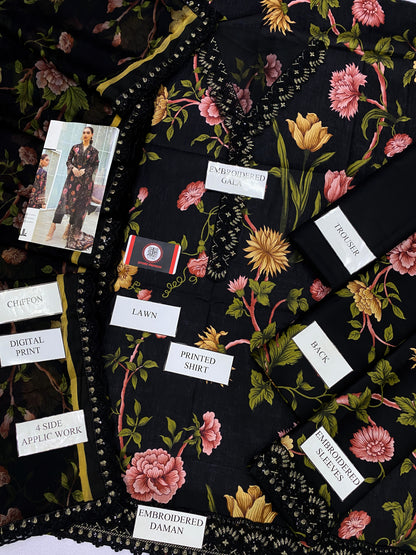NUREH BLACK ROYAL | LAWN  WITH CHIFFON DUPATTA  |3PC UNSTICHED