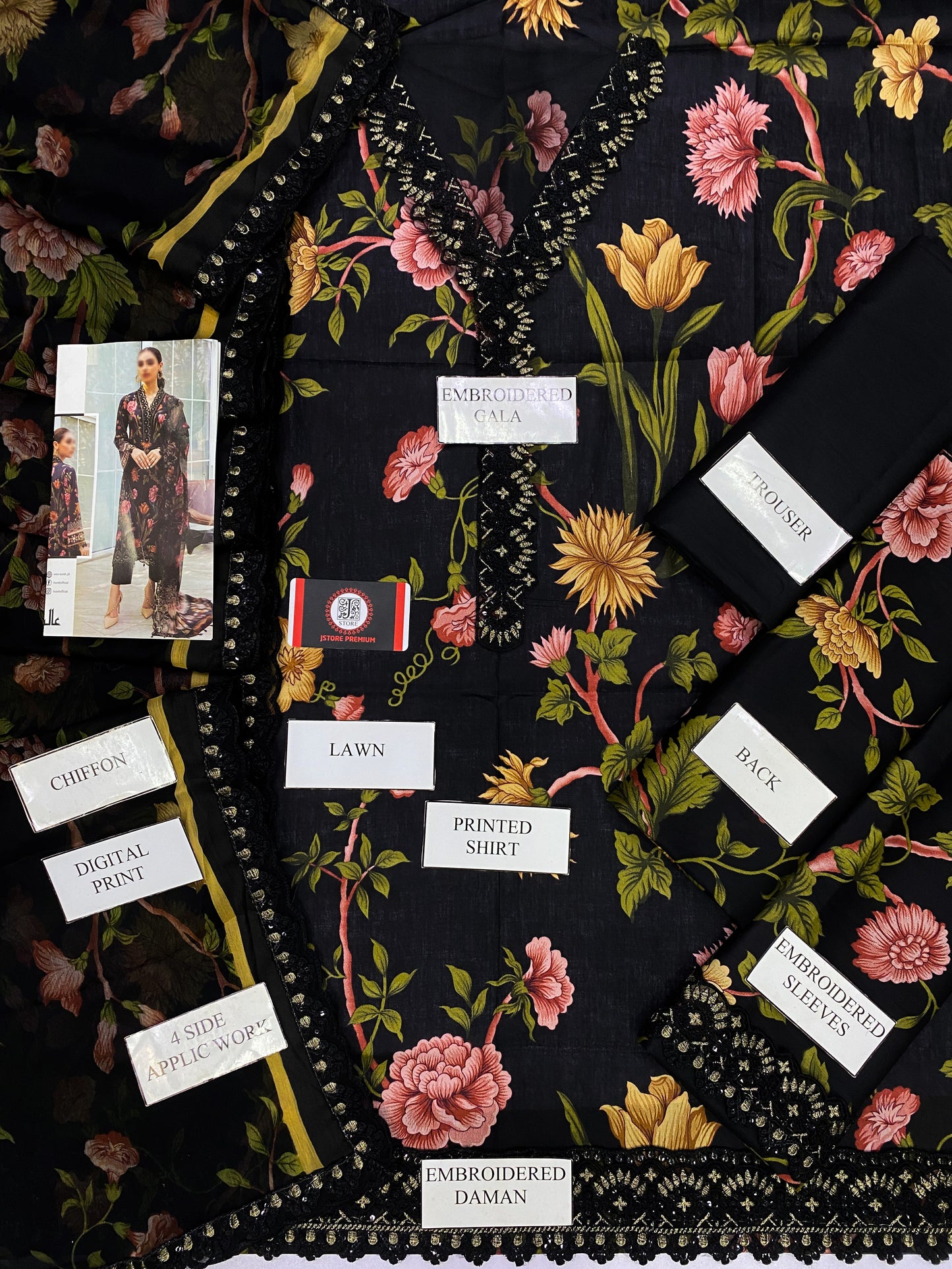 NUREH BLACK ROYAL | LAWN  WITH CHIFFON DUPATTA  |3PC UNSTICHED